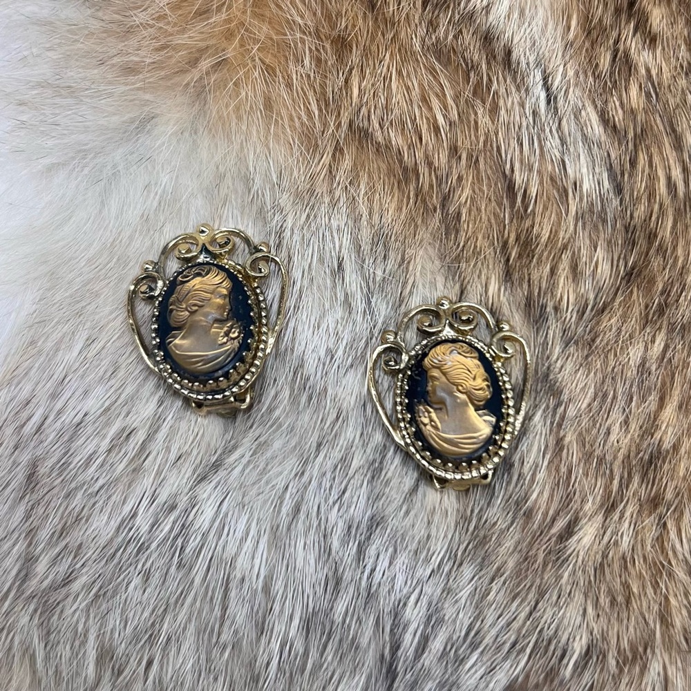 Vintage 1960s Whiting & Davis Brown Transparent Cameo Gold Tone Clip on Earrings